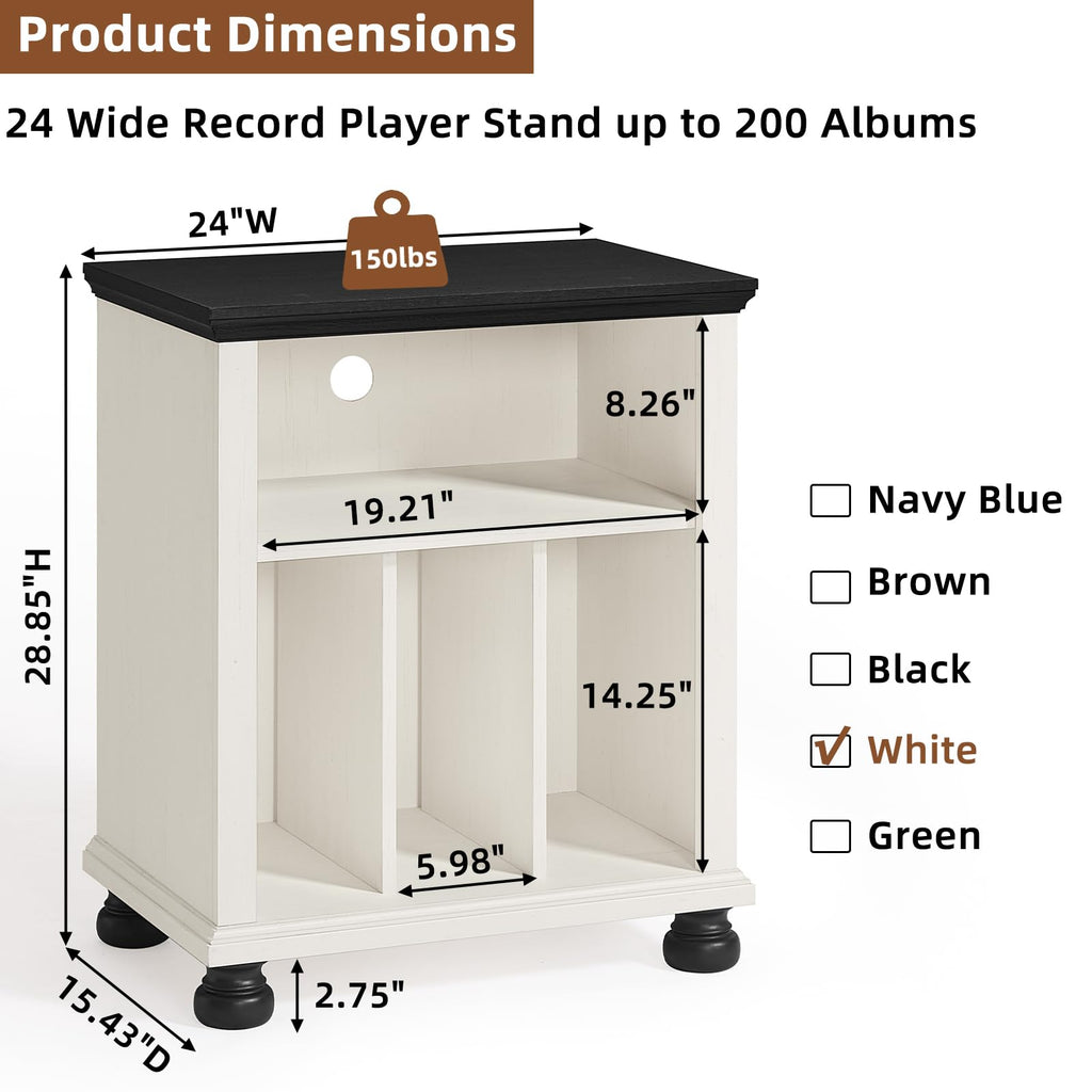 24" Wide Record Player Stand with Vinyl Record Storage, White