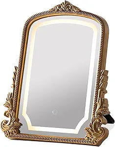 Vintage Vanity Mirror with Three-Color Lighting, Antique Gold Carved Arch Table Mirror, 16X20 Makeup Mirror for
