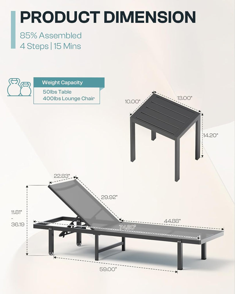 Outdoor Lounge Chairs Set of 2, Aluminum Pool Lounge Chairs with Wheels and 5-Position Recliner -Easy to Move- Patio