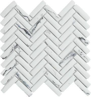 Carrara White Marble Look 3D Herringbone Recycled Glass Matte Mosaic Tile for Bathroom Shower Kitchen Backsplash