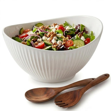60oz Large Ceramic Salad Bowl with Acacia Wood Utensils, 10" Oval White Serving Bowl for Soup, Pasta, Fruit, Snacks