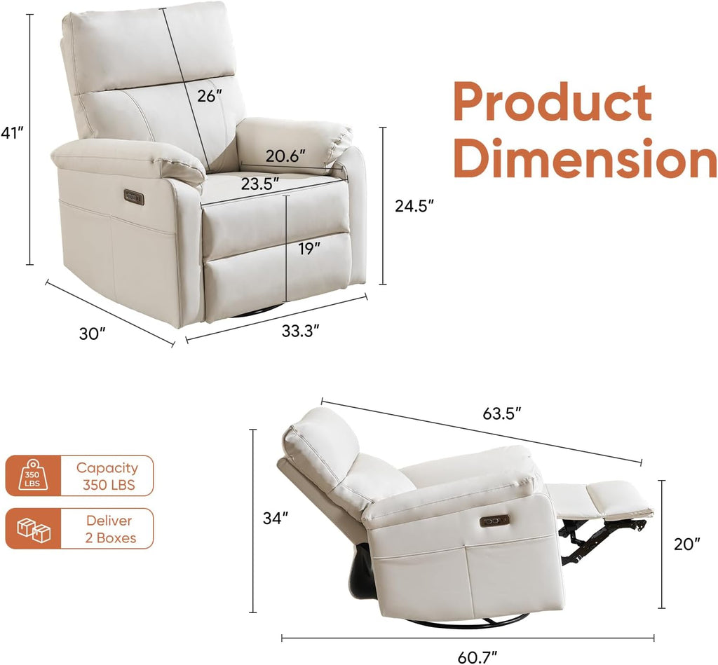 Power Recliner Chair with Adjustable Lumbar Support, Swivel Rocker Recliner with Overstuffed Armrests, Nursery Glider