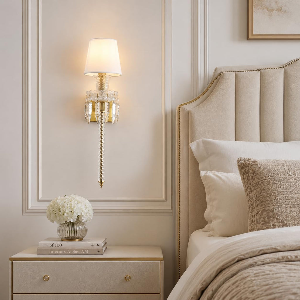 Modern Crystal Wall Sconce with Linen Shade Vintage Crystal Gold Wall Light Modern Glass Golden Wall Lamp for Bedroom, Hallway, Living Room, Mirror