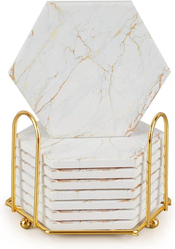 Coasters for Drinks with Holder, Absorbent Marble Coaster, Ceramic White and Gold Coasters for Coffee - Set of 8