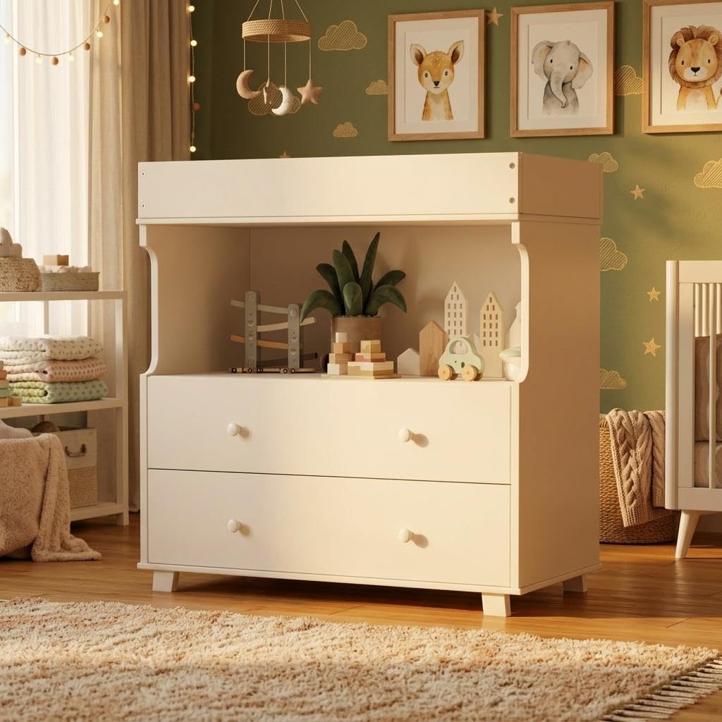 Baby Changing Table with Drawer and Storage Shelves | Heavy Duty Diaper Station, White Wooden Changing Table with
