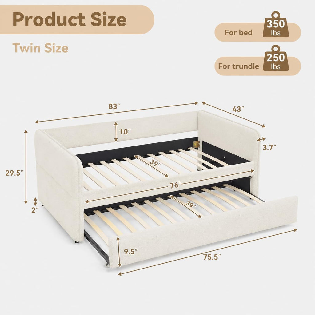 Twin Size Daybed with Pop Up Trundle, Boucle Upholstered Daybed with Trundle, Twin Size Sofa Bed with Tufted Design