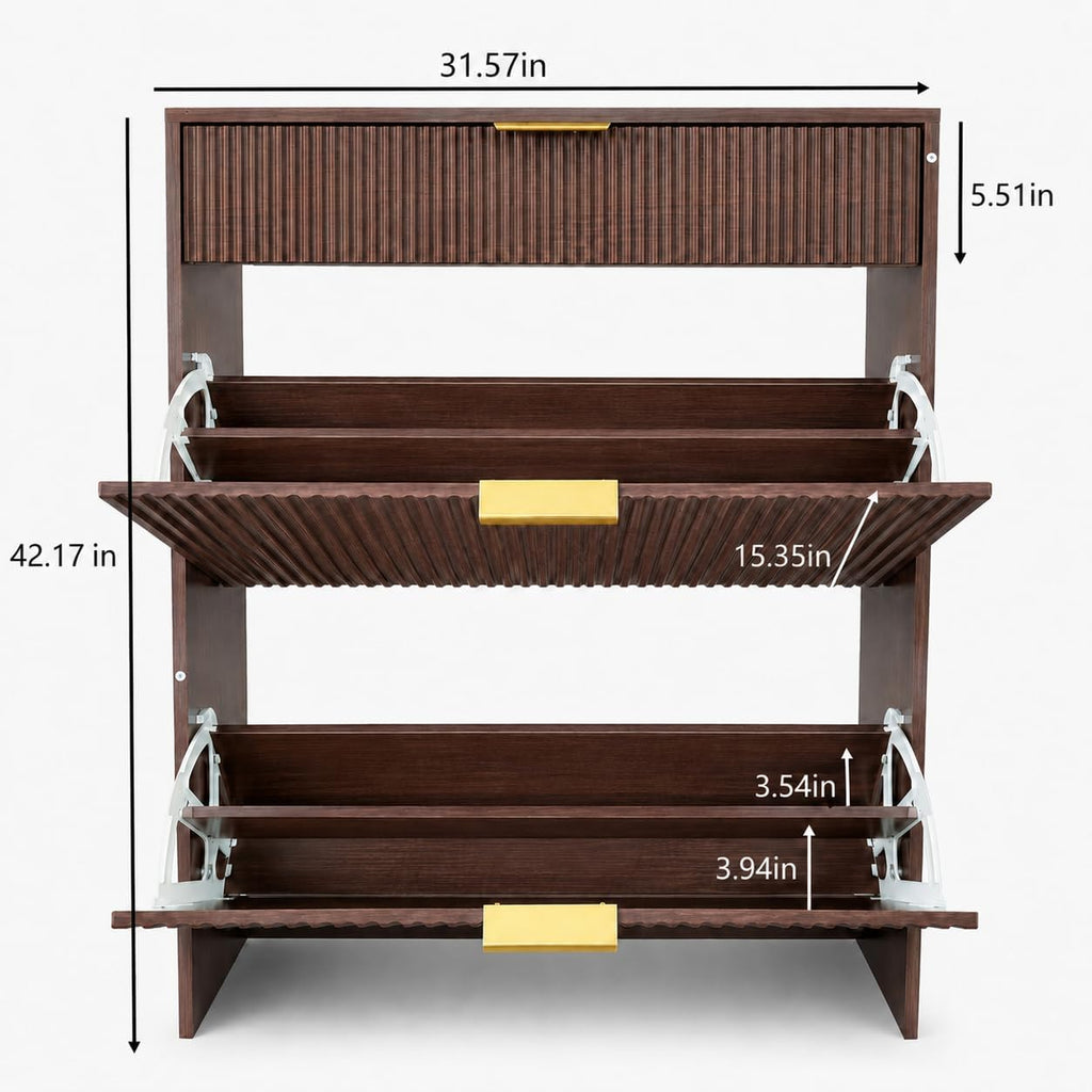 Shoe Storage Cabinet with Gold Pull Handles Narrow Fluted Entryway Shoe Organizer, Freestanding Drawer Rack Bedroom