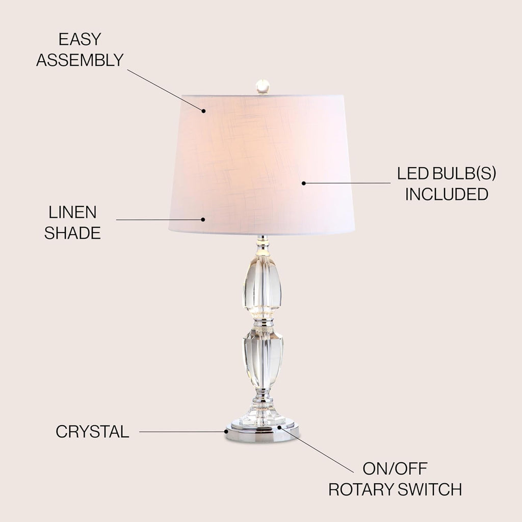 27" Clear Crystal LED Table Lamp, Traditional French Country Chrome Nightstand Lamp with White Linen Drum Shade