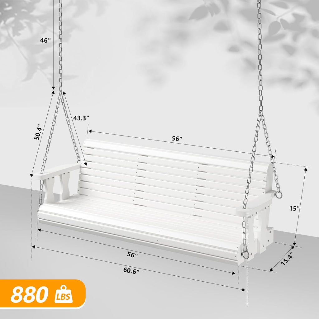 2026 Upgraded 5 FT Wooden Porch Swing, 880 LBS Heavy Duty, White | 2026 Upgraded Design; Heavy-Duty Wooden Swing;