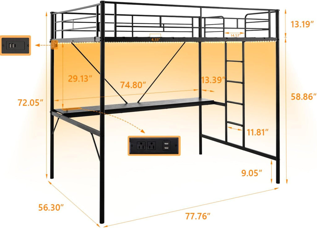 Full Metal Loft Bunk Bed Frame for Kids Teens Adults with Desk Underneath,2 Charging Station,LED Lights,Safety