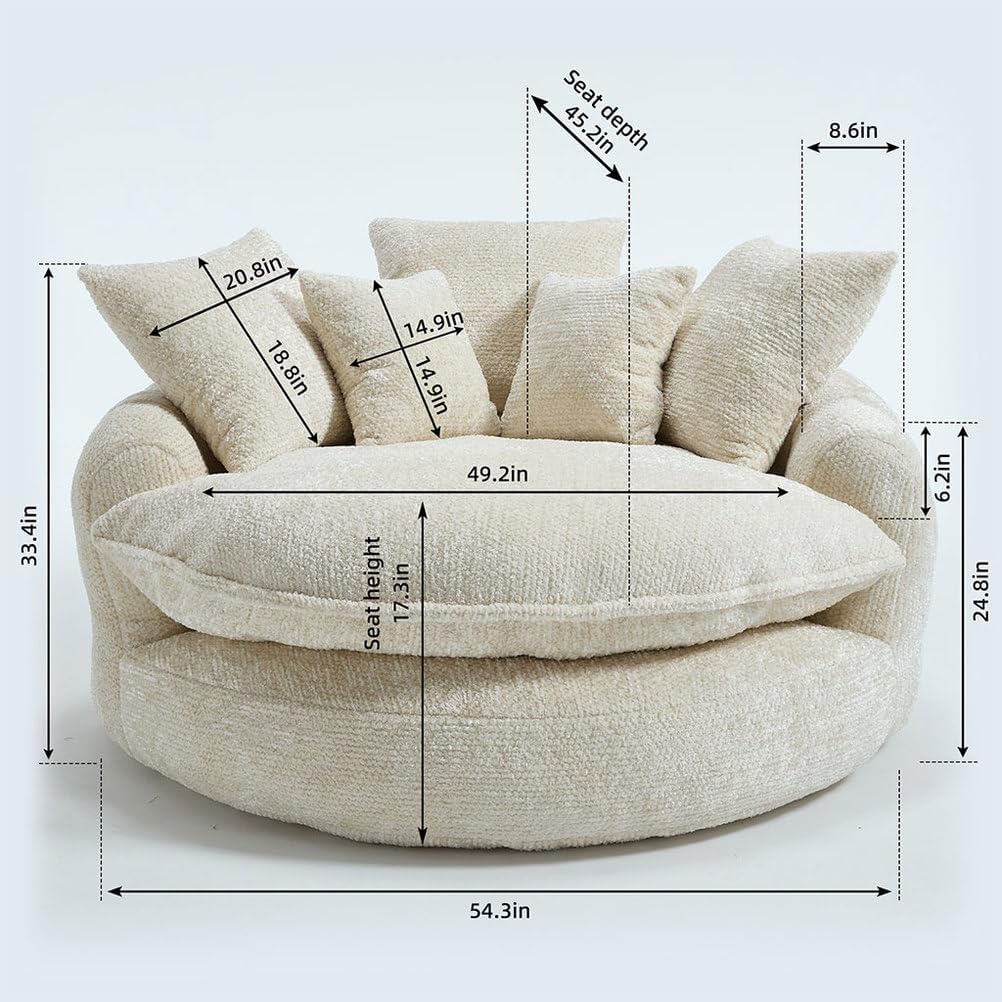 Oversized Round Lounge Chair Indoor, 56" Deep Seat Circle Sofa with Double Armrests & Pillows, Fluffy Cloud Chenille