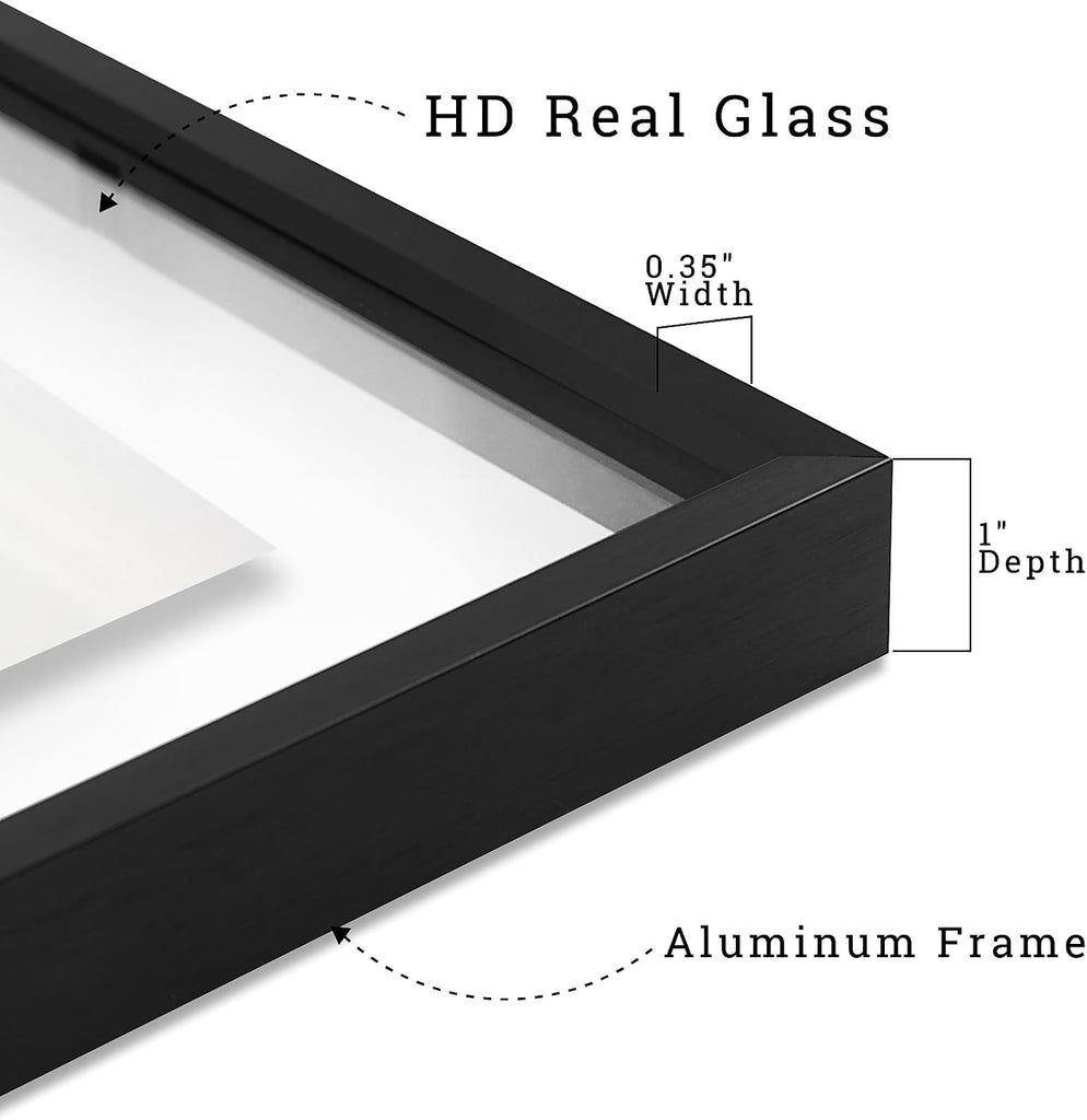 2 Pack 11x14 Black Metal Floating Picture Frame Real Glass | Tempered Glass Front, Plexiglass Back, Wall Mount