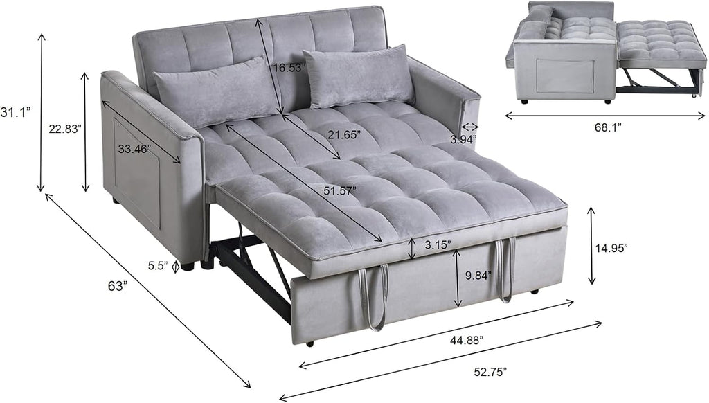 53" Sleeper Sofa, 3-in-1 Convertible Pull Out Couch, Velvet Loveseat with Adjustable Backrest, Side Pockets & 2