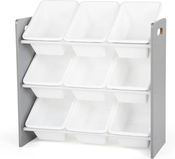 Kids Toy Organizer with 9 Bins, 3 Tier Storage | Sturdy wood and steel toddler shelf, removable BPA-free containers