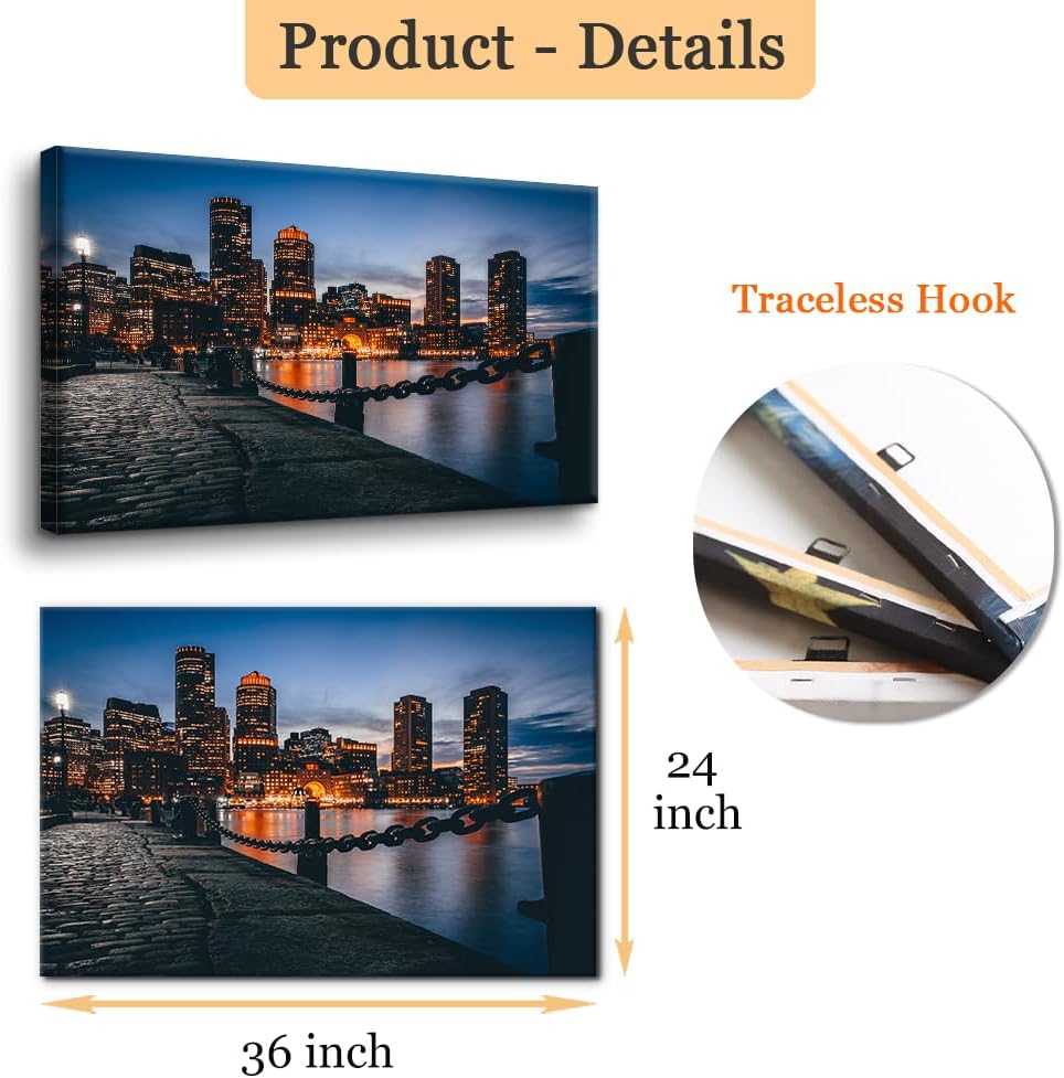 Boston Cityscape Canvas Wall Art Print Skyscrapers Harbor Skyline Painting Wall Decor Home Decoration Gallery Wrapped