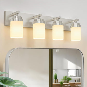 Bathroom Vanity Light Fixture, 4-Light 30 Inch Brushed Nickel Bathroom Light Fixtures Over Mirror, with White Glass