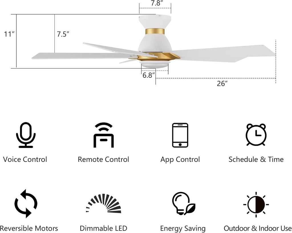 52 Inch Smart Ceiling Fan with Light and Remote, Flush Mount Modern Ceiling Fan with lights