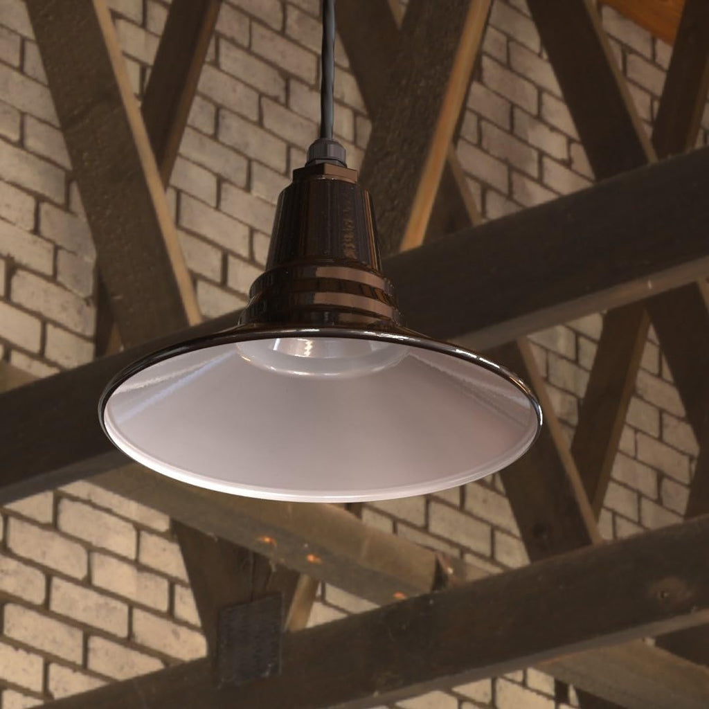 Woodman Farmhouse Pendant | Outdoor Ceiling Mounted | 12 inch Dome | 4' Black Cloth Cord| Kitchen Steel Light Made in America| Cream Exterior/Cream Interior