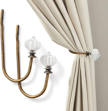 Vintage Curtain Holdbacks 2Pcs - Pumpkin Shaped, Metal Curtain Side Holders for Wall, Small Drapes Pull Backs Hook