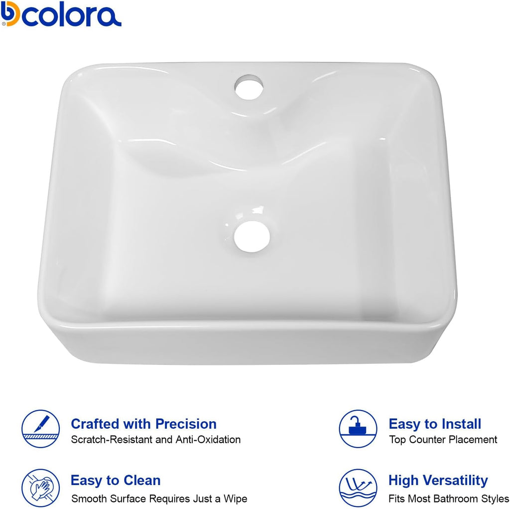 19 In. White Vessel Sink for Bathroom, Rectangular Above Counter Porcelain Ceramic Sink with Black Accessories