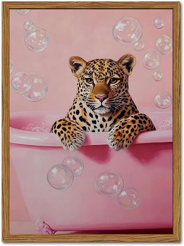 Funny Cheetah Bathroom Wall Art, Pink Leopard in Bathtub Wall Decor Paintings, Cute Animal Bathroom Poster Canvas