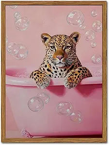 Funny Cheetah Bathroom Wall Art, Pink Leopard in Bathtub Wall Decor Paintings, Cute Animal Bathroom Poster Canvas