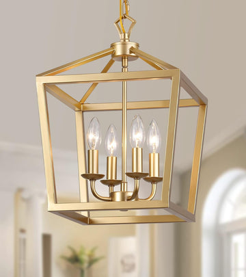 Gold Lantern Chandelier Hanging Pendant Light Fixture 4-Lights for Kitchen Island Dining Room Hallway Entryway Foyer UL Listed