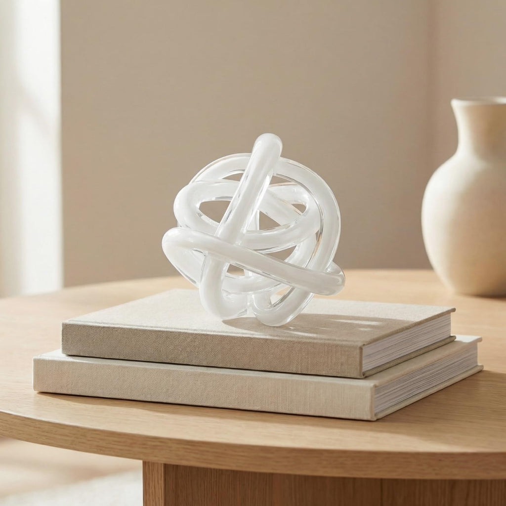 Orbit 4.5" Hand Blown White Glass Knot Sculpture, Table Decor