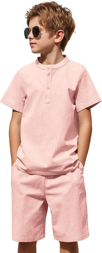 Boy's 2 Pieces Cotton Linen Set Casual Henley Shirts Short Sleeve Beach Shorts Summer Outfits