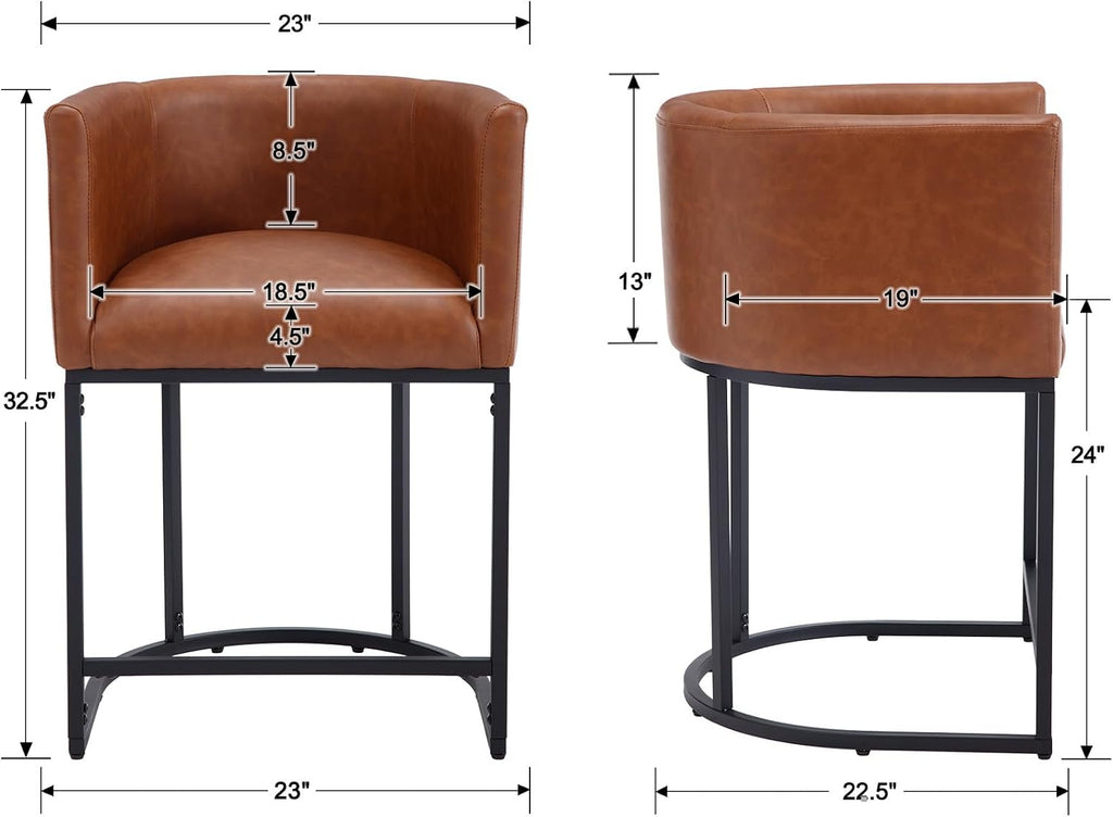 PU Leather Bar Stools Set of 3, Modern Upholstered Counter Height Bar stools 24" Leather Barstools Barrel