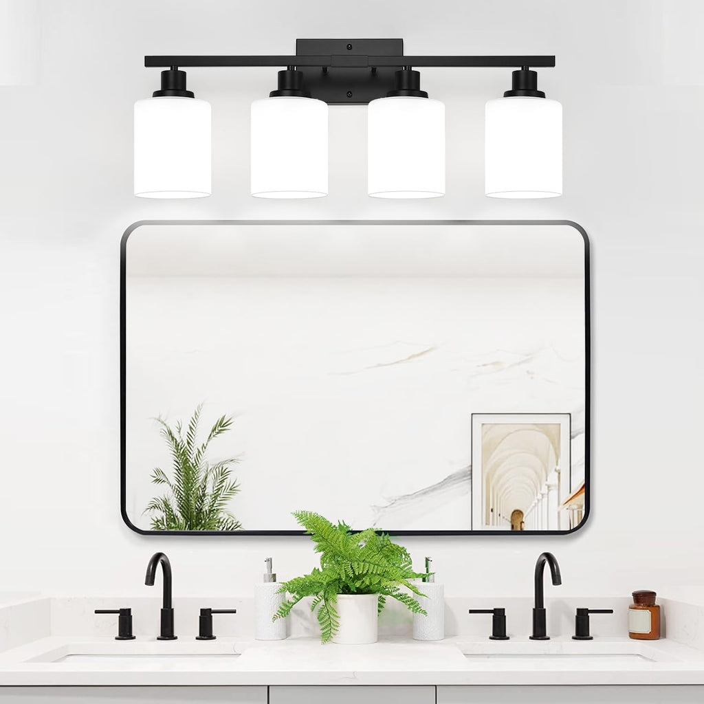 4-Light Bathroom Light Fixtures, Vanity Light with Milky White Shades, Matte Black Bathroom Light Fixtures Over