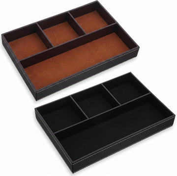 Leather Valet Tray for Men - Premium PU Leather Desk & Nightstand Organizer, Stackable Storage Tray for Keys - Set of 2