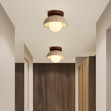 Mid Century Modern Hallway Ceiling Light White Milk Shade Small Marble Natural Stone Ceiling Light Wood Vintage