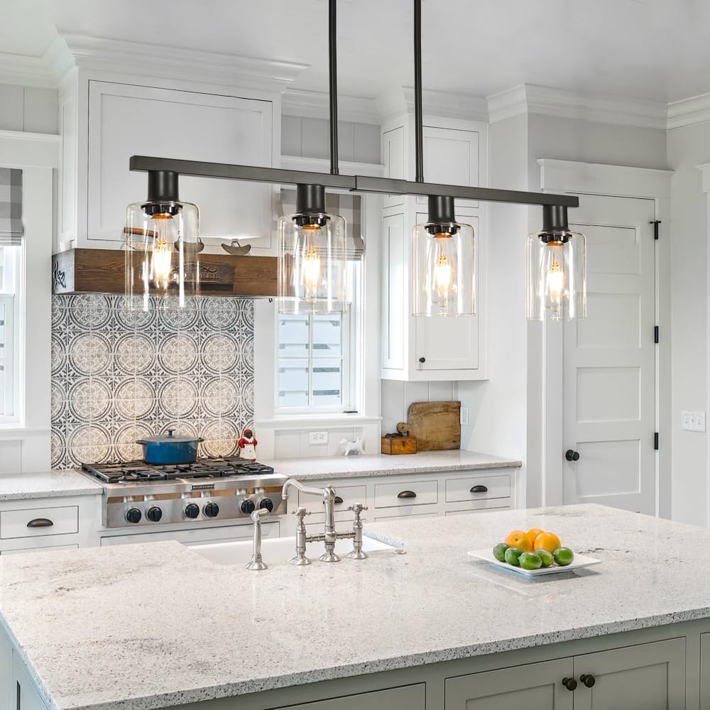 4-Light Kitchen Island Lighting, Black Simplicity Bar Island Lights for Kitchen, Farmhouse Chandelier with Adjustable
