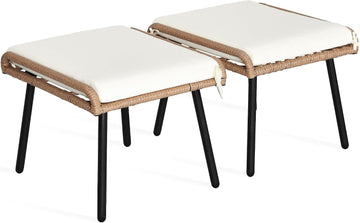 2-Piece Outdoor Wicker Ottoman, All-Weather Patio Rattan Foot Rest with Cushions - Beige