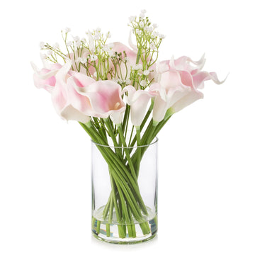 Calla Lilies Artificial Flowers in Glass Vase, Mixed Faux Real Touch Babys Breath and Lilies Fake Flowers with Faux