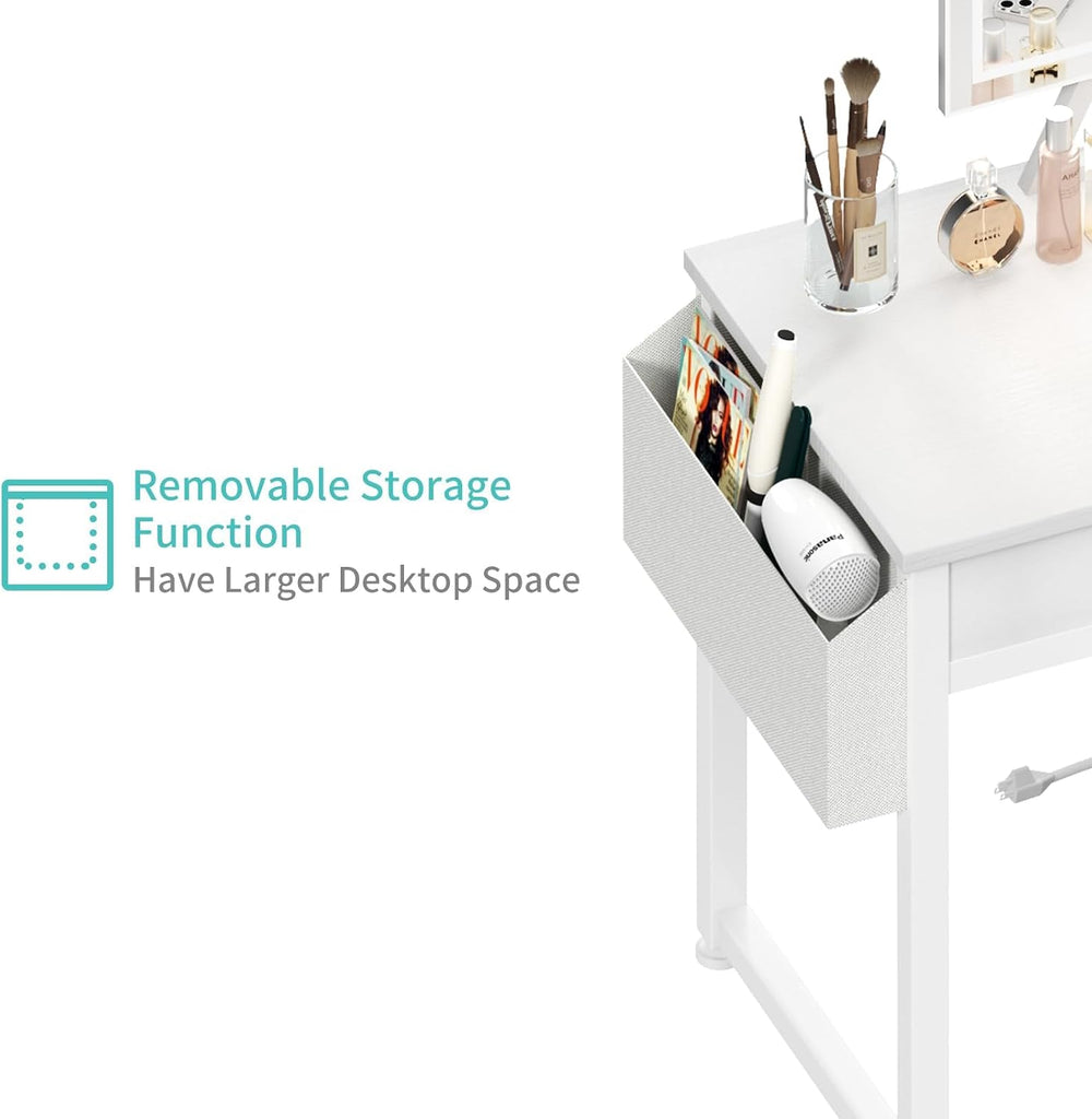 Small Makeup Vanity Desk with Fabric Drawers, 32 inch White Vanity Desks with Mirror and Light, Dressing Table and