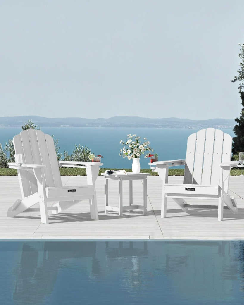 Folding Adirondack Chairs Set of 2, HDPE Outdoor Chair with 2 Cup Holders | All-weather, Wooden Texture, Oversized
