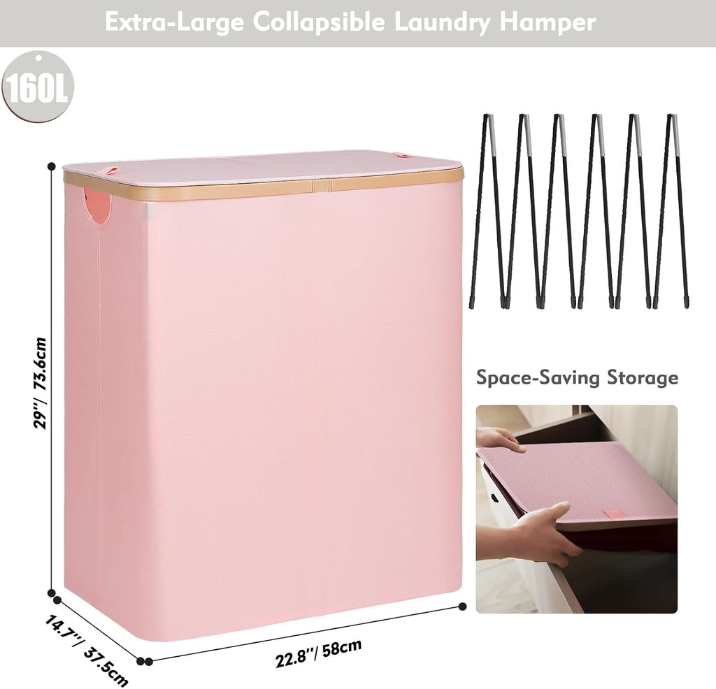 160L Double Laundry Basket Hamper with Lid & Removable Bags, Pink | Extra large 2-section collapsible clothes hamper