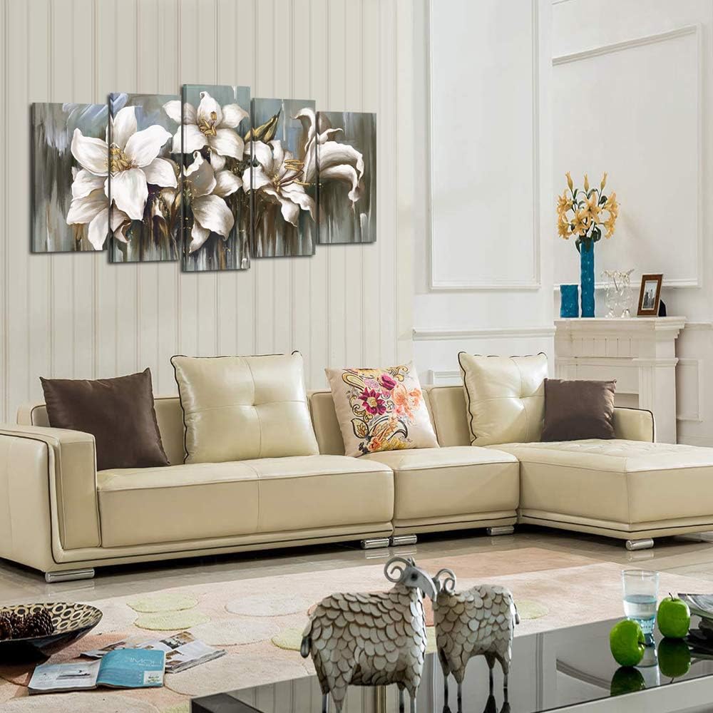 5 Panel Flowers Canvas Wall Art Modern Wrapped Floral Artwork Giclee Canvas Prints White and Grey Tulip Paintings on