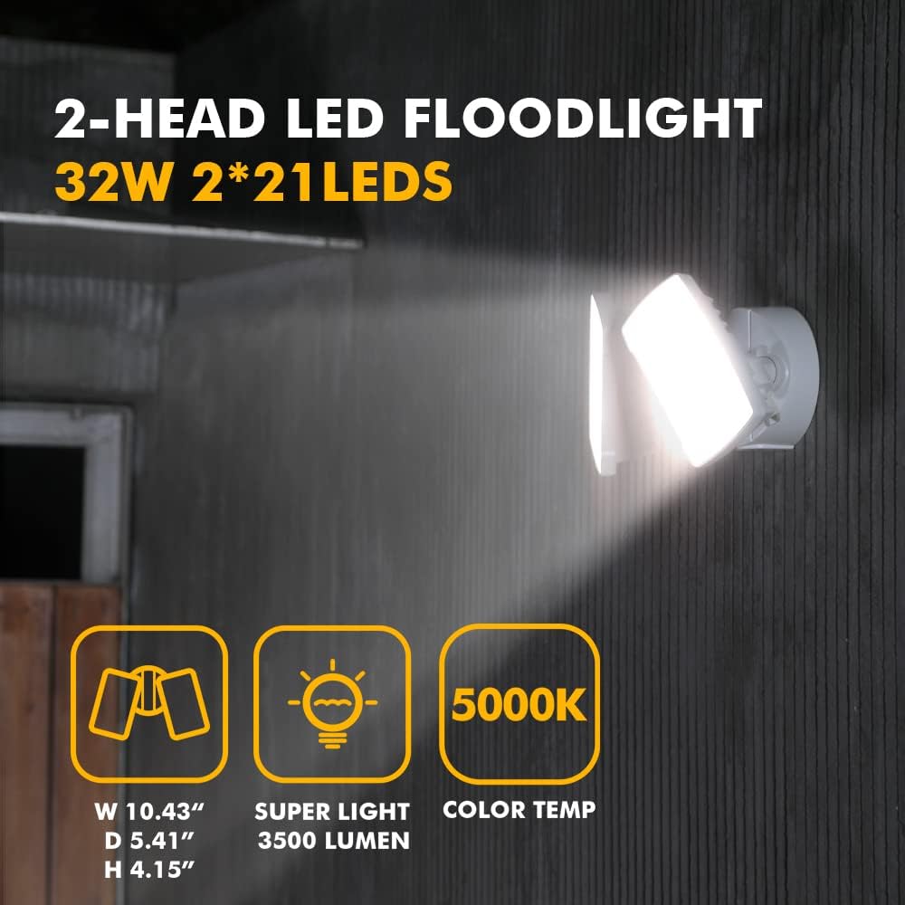 LED 3500 Lumen 32W 5000K Integrated Dual-Head Flood Light Outdoor Dusk to Dawn Waterproof Exterior Security Wall