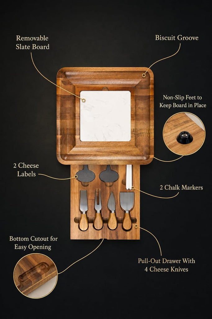 Premium Acacia Cheese Board Set with Slide-Out Drawer & 4 Cheese Knives, Charcuterie Board with Marble-Style Insert