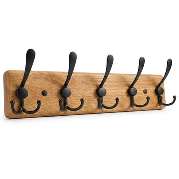 Solid Oak Rustic Coat Rack Wall Mount with 5 Hooks, 17 Inch