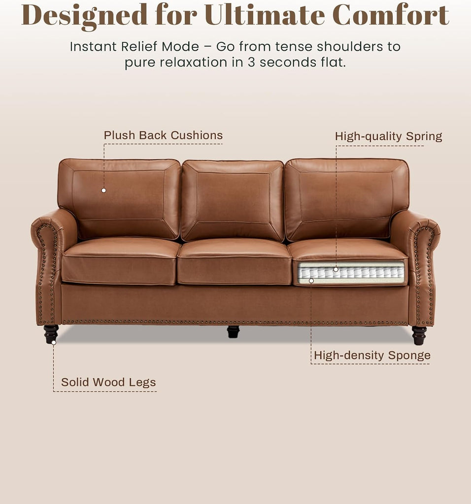 Kingfun Mid-Century Modern Couch, Faux Leather Sofa, 3 Seater Couch for Living Room with Rolled arms & Nailhead Trim