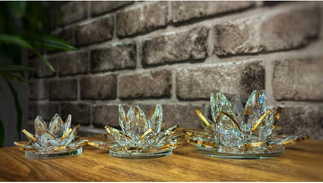 Decorative Crystal Glass Lotus Flower Candle Holder Set (3 Pieces) - Gold Trim - Refined Feng Shui Decor for Tables