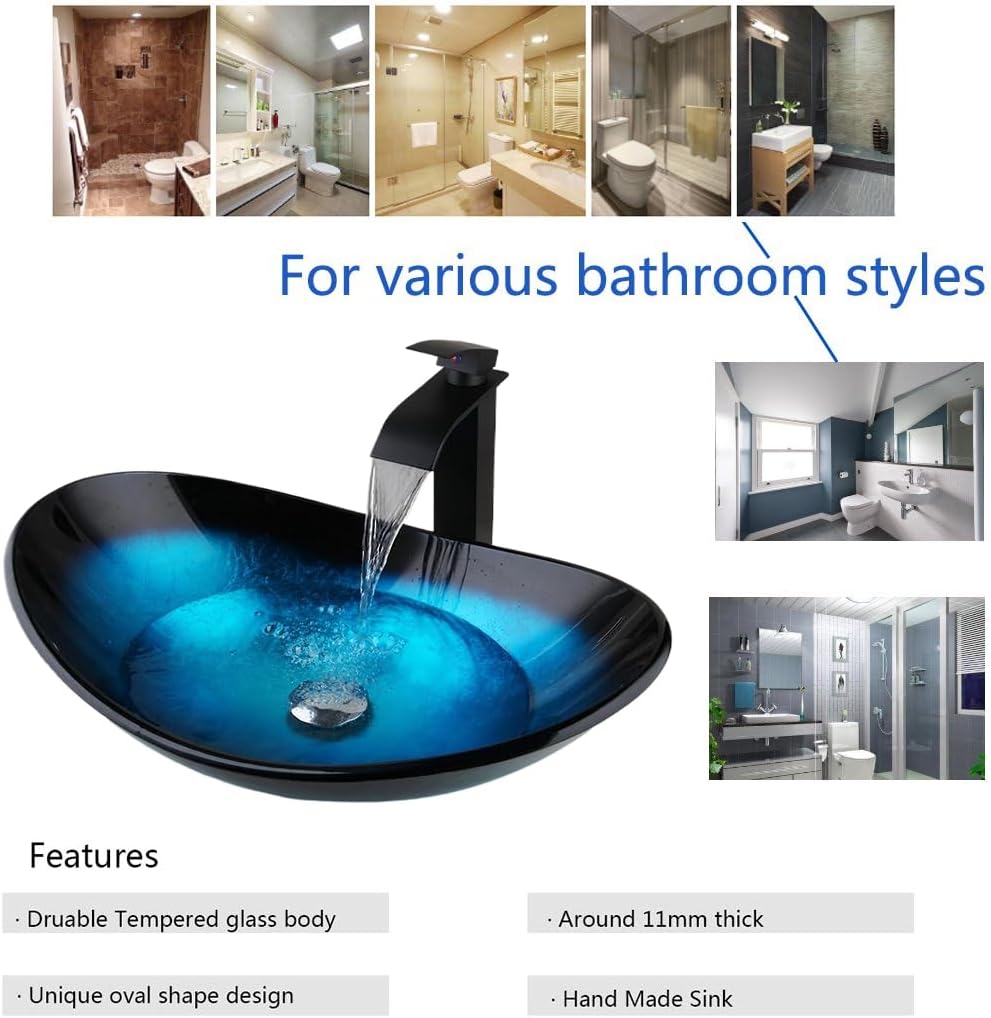 Blue Vessel Sink Oval Glass Vessel Sink with Waterfall Faucet and Pop-Up Drain Boat Shape Bathroom Sink Above