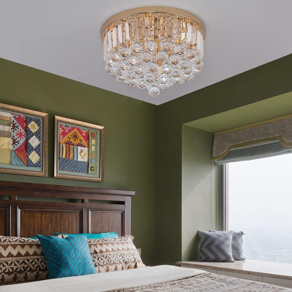 Mini Crystal Chandelier Ceiling Light,Flush Mount Modern Round K9 Crystal Raindrop Ceiling Lighting Fixture for