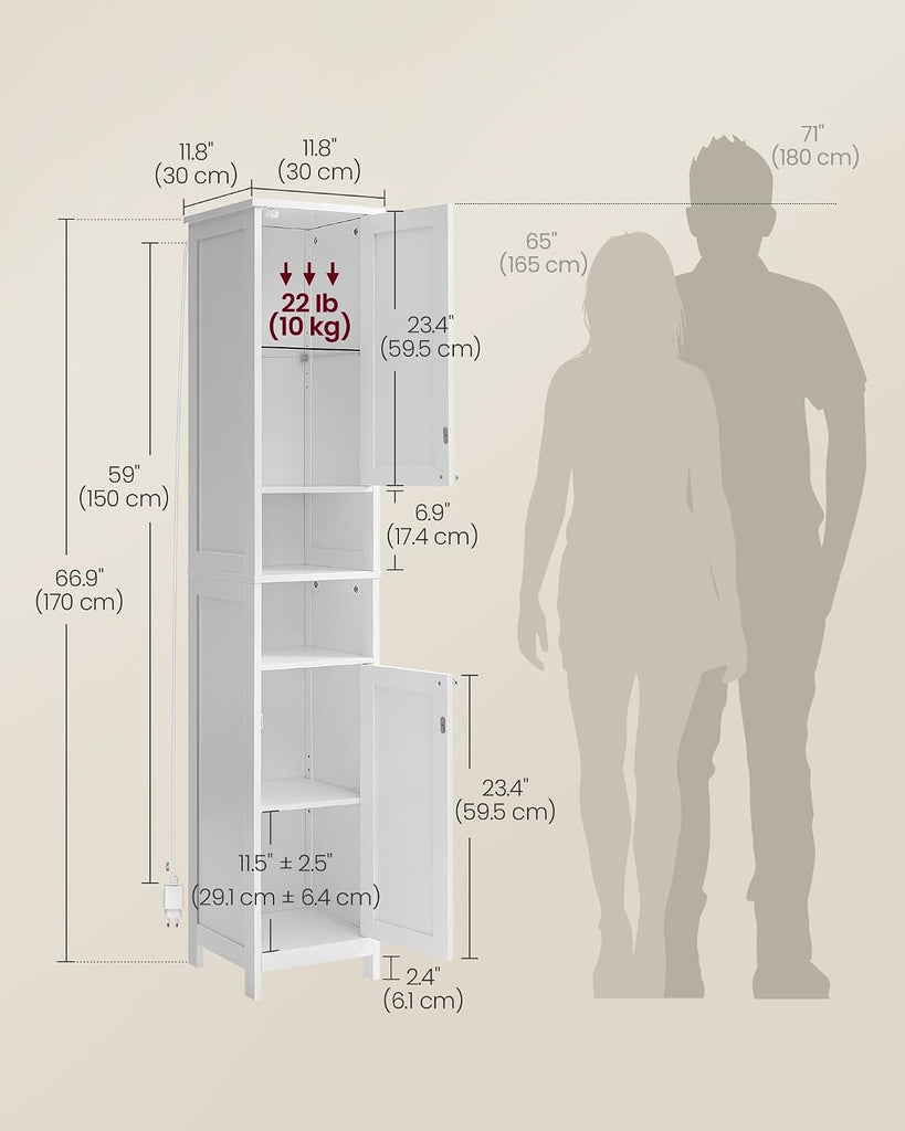 Tall Storage Cabinet with Lights, Slim Freestanding Cabinet with Adjustable Shelves, for Small Spaces, Bathroom