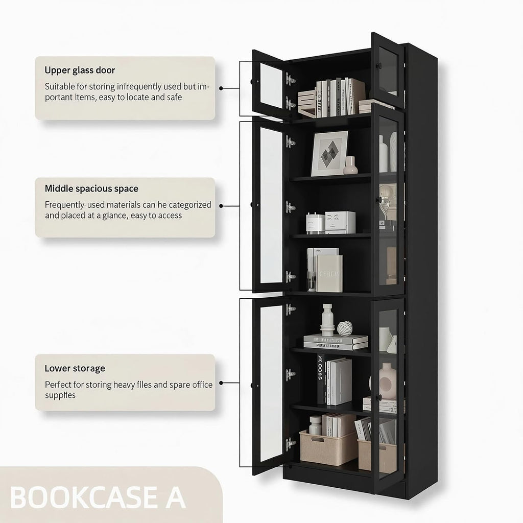 85.5" Modern Bookcase with Glass Doors Set of 4, 7-Tier Tall Wooden Bookshelf with Storage, Large Curio Cabinet