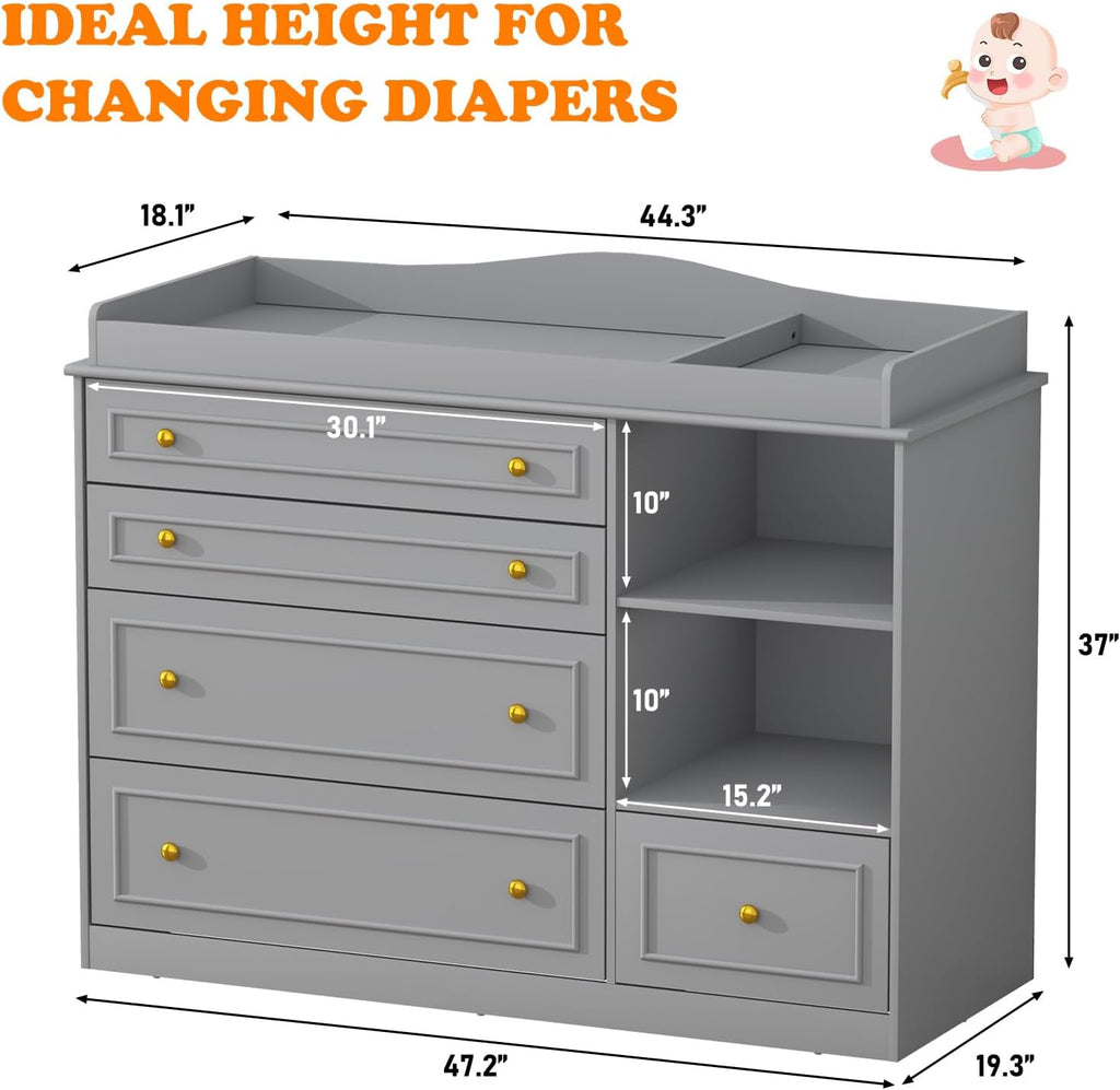 Grey Changing Table Dresser, Baby Nursery Dresser, Baby Diaper Changing Table, 5 Drawers, Adjustable Shelves, Metal